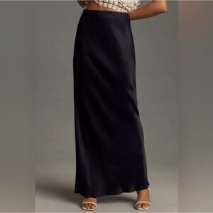 Anthropologie Tilda satin silk slip Maxi long Skirt black midi evening elegant